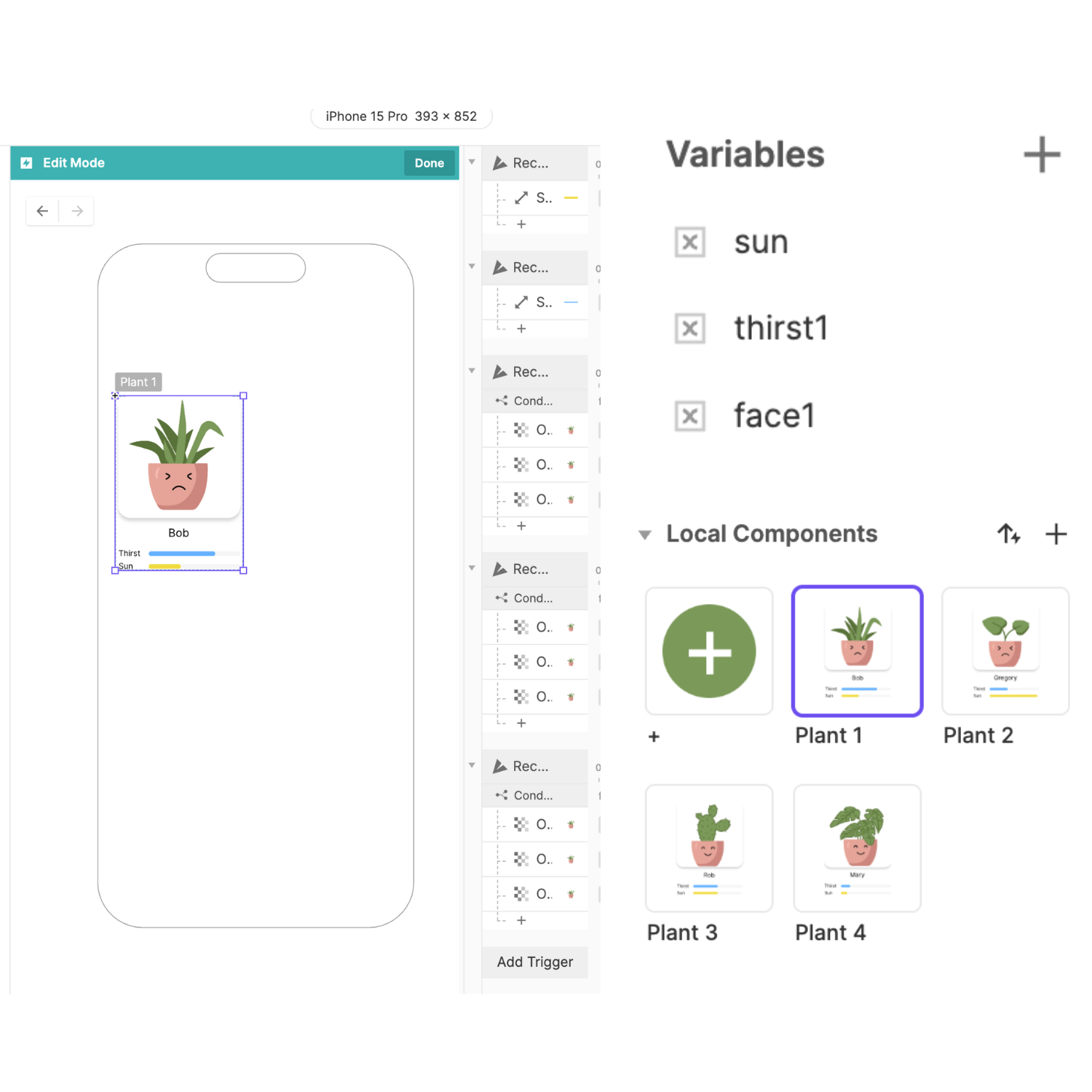 I created variables for each individual plant so that the code would communicate with my variables in ProtoPie. I also made them into components so that the data would transfer across screens.